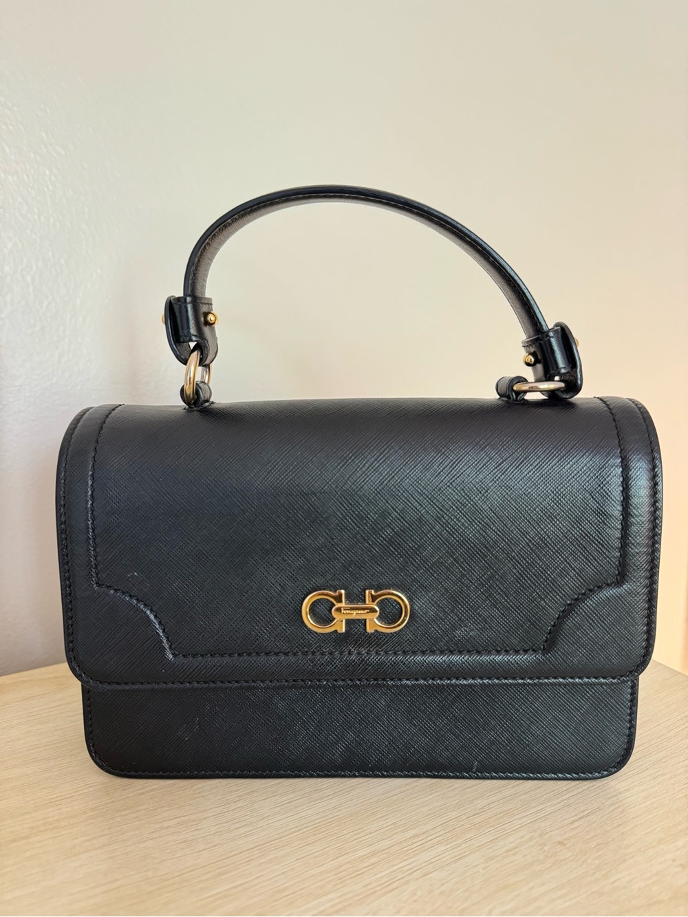 Salvatore Ferragamo Black Top-Handle Satchel with Gold Gancini